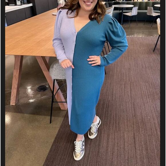 Busayo Cardigan Knit Midi Dress LARGE Ribbed Sweater Lavender Duster Wool $360 - Picture 10 of 10